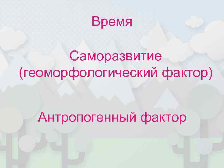    Время   Саморазвитие (геоморфологический фактор) Антропогенный фактор 