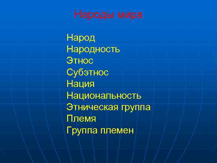  Народы мира Народность Этнос Субэтнос Нация Национальность Этническая группа Племя Группа племен 