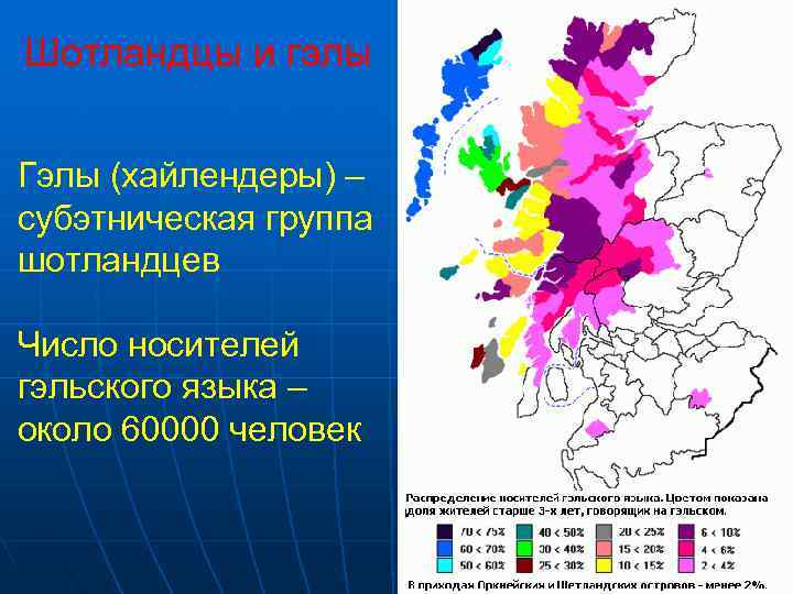 Шотландцы и гэлы  Гэлы (хайлендеры) – субэтническая группа шотландцев Число носителей гэльского языка