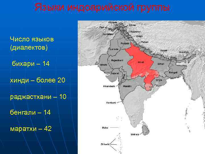   Языки индоарийской группы Число языков (диалектов) бихари – 14 хинди – более