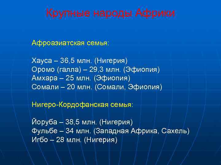  Крупные народы Африки Афроазиатская семья:  Хауса – 36, 5 млн. (Нигерия)