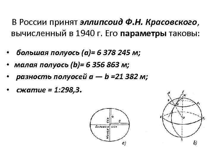  В России принят эллипсоид Ф. Н. Красовского,  вычисленный в 1940 г. Его