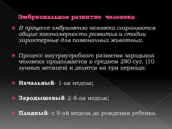   Эмбриональное развитие человека В процессе эмбриогенза человека сохраняются общие закономерности развития и