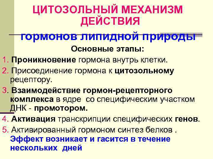   ЦИТОЗОЛЬНЫЙ МЕХАНИЗМ   ДЕЙСТВИЯ гормонов липидной природы   Основные этапы: