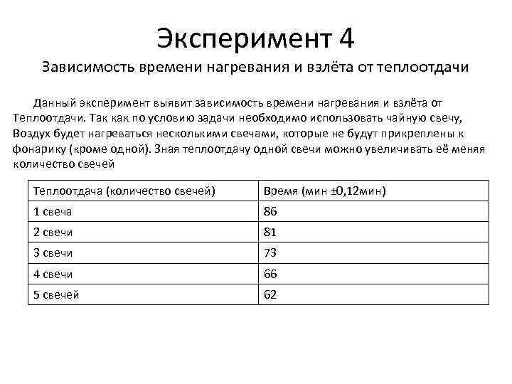     Эксперимент 4 Зависимость времени нагревания и взлёта от теплоотдачи 