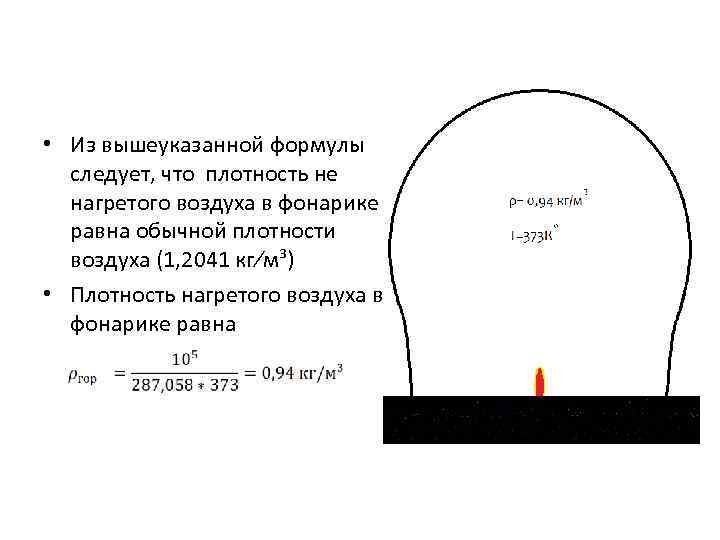  • Из вышеуказанной формулы  следует, что плотность не  нагретого воздуха в
