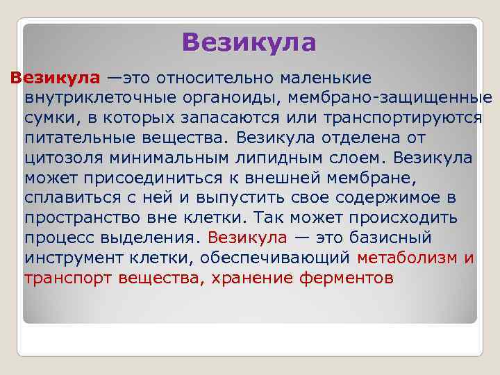    Везикула —это относительно маленькие  внутриклеточные органоиды, мембрано-защищенные  сумки, в