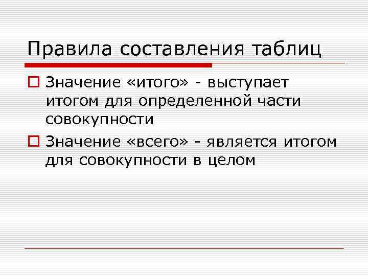 Правила составления таблиц o Значение «итого» - выступает  итогом для определенной части 