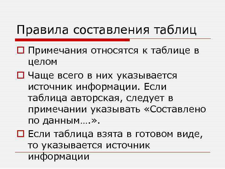 Правила составления таблиц o Примечания относятся к таблице в  целом o Чаще всего