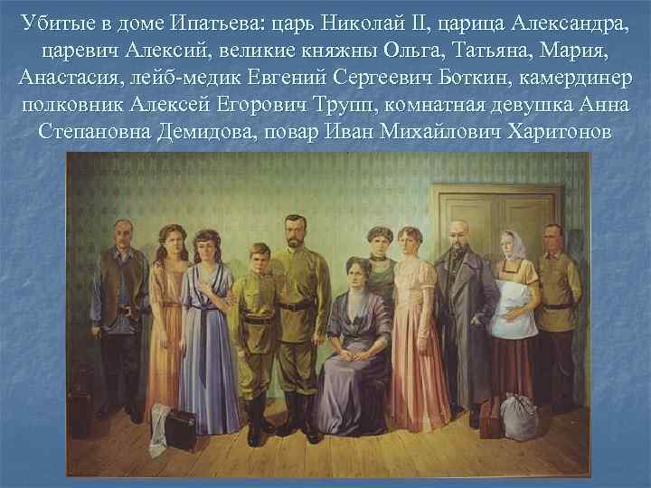 Убитые в доме Ипатьева: царь Николай II, царица Александра, царевич Алексий, великие княжны Ольга,