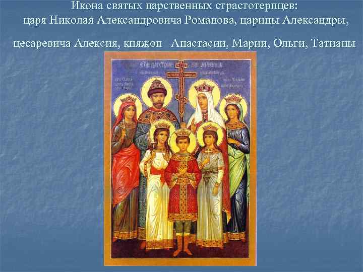    Икона святых царственных страстотерпцев:  царя Николая Александровича Романова, царицы Александры,
