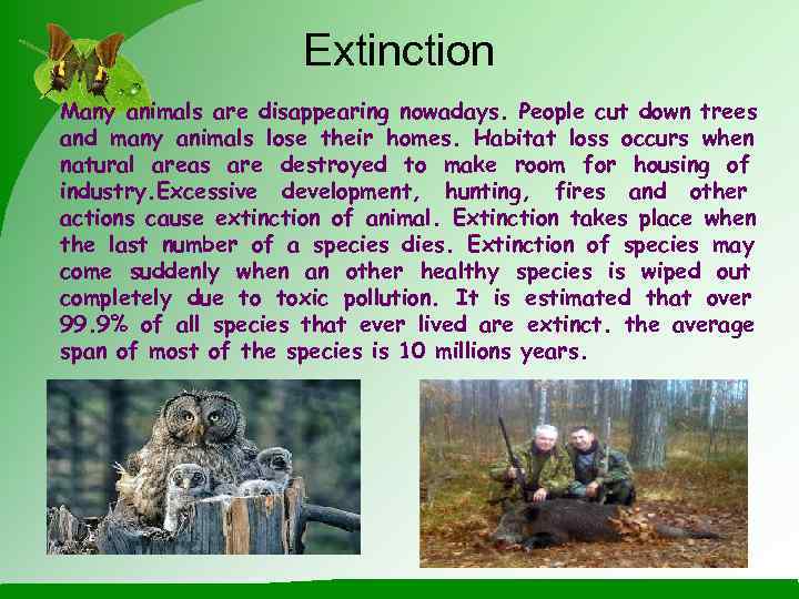      Extinction Many animals are disappearing nowadays. People cut down