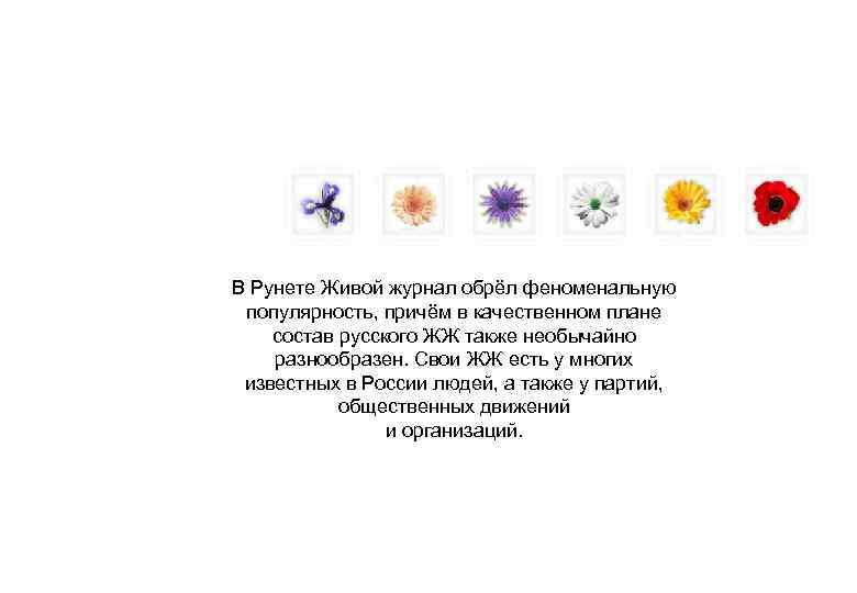В Рунете Живой журнал обрёл феноменальную популярность, причём в качественном плане состав русского ЖЖ