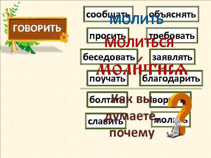   сообщать объяснять   МОЛИТЬ ГОВОРИТЬ   просить требовать  