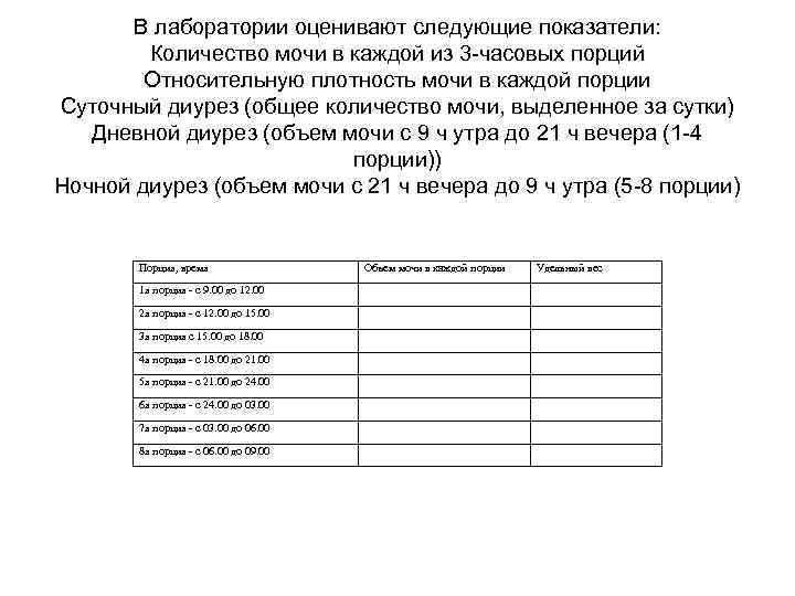   В лаборатории оценивают следующие показатели:   Количество мочи в каждой из