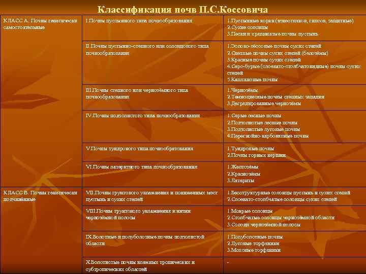        Классификация почв П. С. Коссовича КЛАСС А.