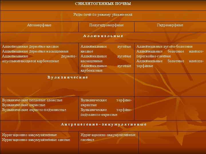        СИНЛИТОГЕННЫЕ ПОЧВЫ    Ряды почв