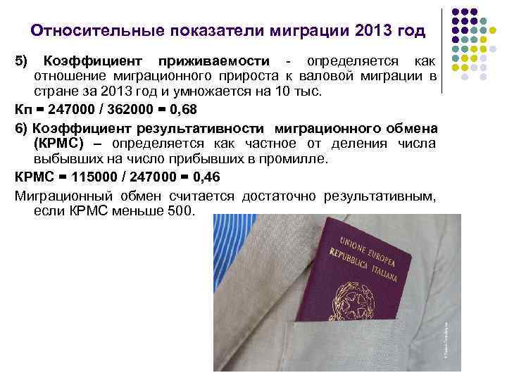  Относительные показатели миграции 2013 год 5)  Коэффициент приживаемости - определяется как 