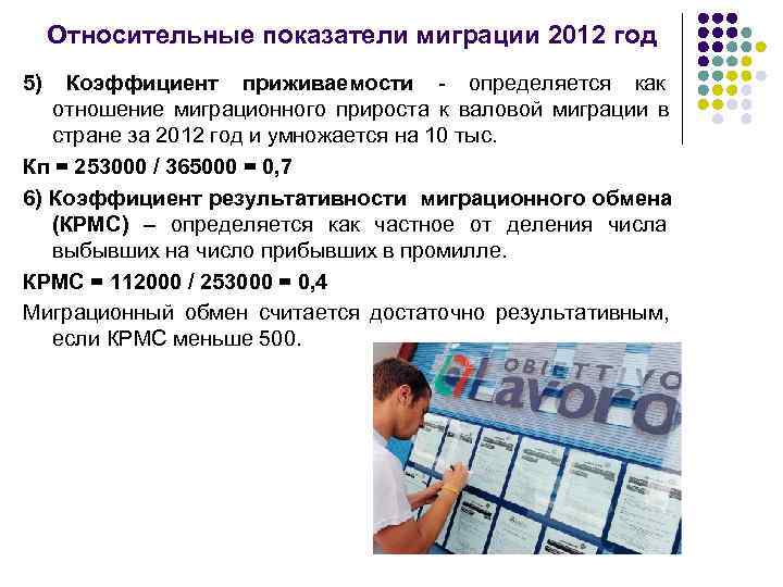  Относительные показатели миграции 2012 год 5) Коэффициент приживаемости - определяется как  отношение