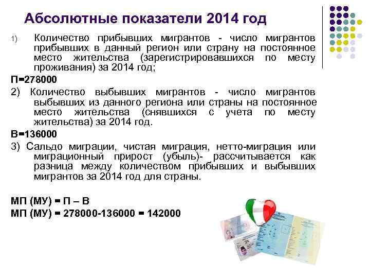  Абсолютные показатели 2014 год 1)  Количество прибывших мигрантов - число мигрантов 
