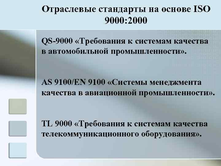 Отраслевые стандарты на основе ISO   9000: 2000 QS-9000 «Требования к системам качества