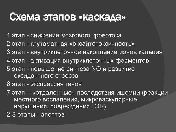 Схема этапов «каскада» 1 этап - снижение мозгового кровотока 2 этап - глутаматная «эксайтотоксичность»