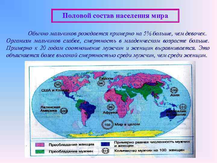    Половой состав населения мира   Обычно мальчиков рождается примерно