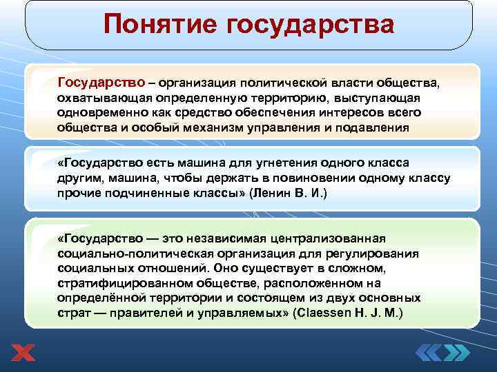 Понятие государства Государство – организация политической власти общества, охватывающая определенную территорию, выступающая Понятие государства Государство – организация политической власти общества, охватывающая определенную территорию, выступающая