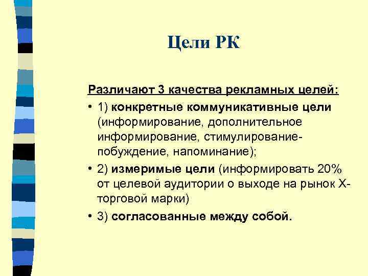    Цели РК Различают 3 качества рекламных целей:  • 1) конкретные