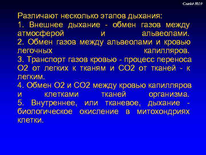     Слайд № 10  Различают несколько этапов дыхания:  1.