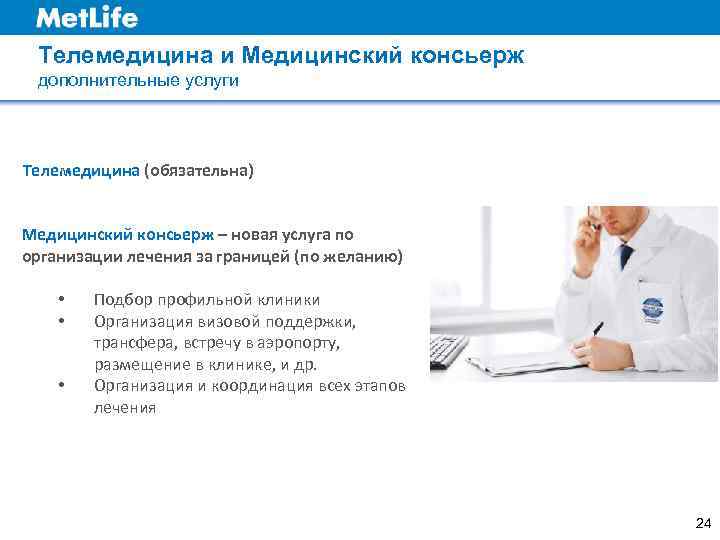  Телемедицина и Медицинский консьерж дополнительные услуги  Телемедицина (обязательна)  Медицинский консьерж –