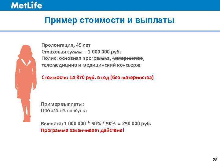  Пример стоимости и выплаты Пролонгация, 45 лет Страховая сумма – 1 000 руб.