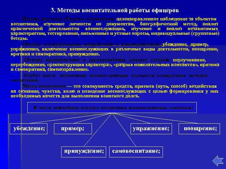     3. Методы воспитательной работы офицеров Методы изучения объектов воспитания: целенаправленное