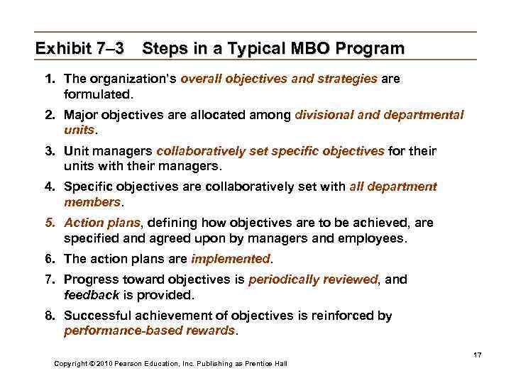 Exhibit 7– 3 Steps in a Typical MBO Program 1. The organization’s overall objectives