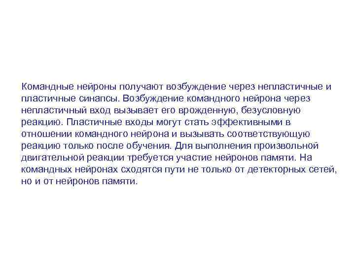 Командные нейроны получают возбуждение через непластичные и пластичные синапсы. Возбуждение командного нейрона через непластичный