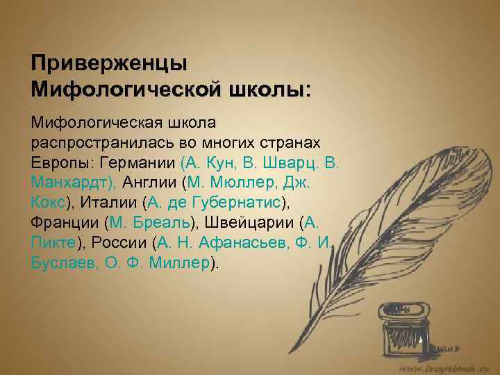 Приверженцы Мифологической школы: Мифологическая школа распространилась во многих странах Европы: Германии (А. Кун, В.