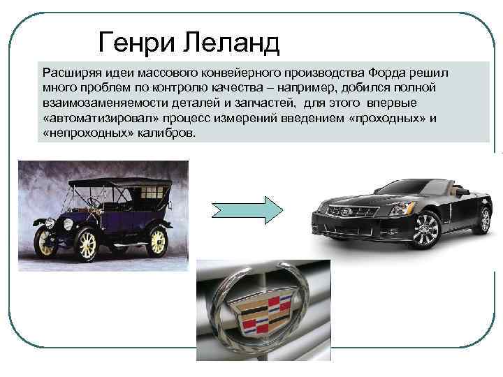   Генри Леланд Расширяя идеи массового конвейерного производства Форда решил много проблем по