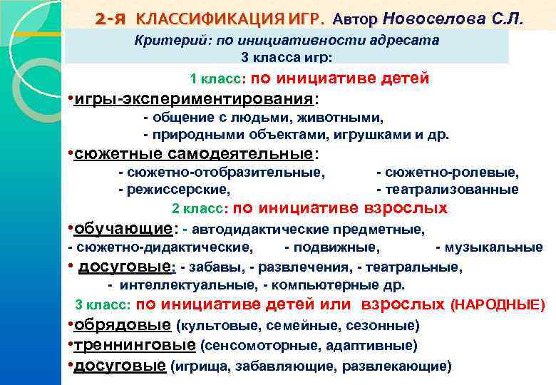   2 -я КЛАССИФИКАЦИЯ ИГР.  Автор Новоселова С. Л.   