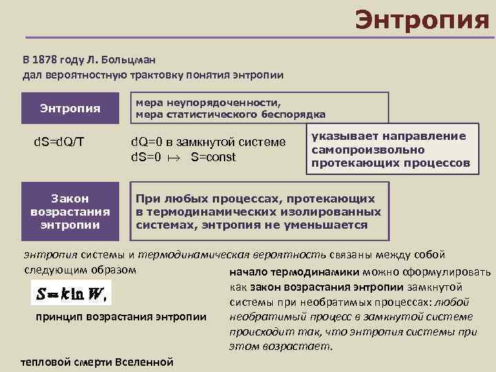      Энтропия В 1878 году Л. Больцман дал вероятностную трактовку