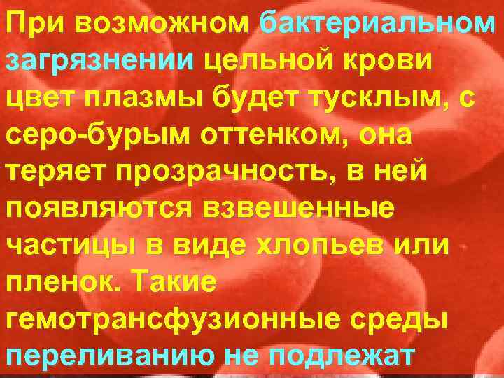 При возможном бактериальном загрязнении цельной крови цвет плазмы будет тусклым, с серо бурым оттенком,