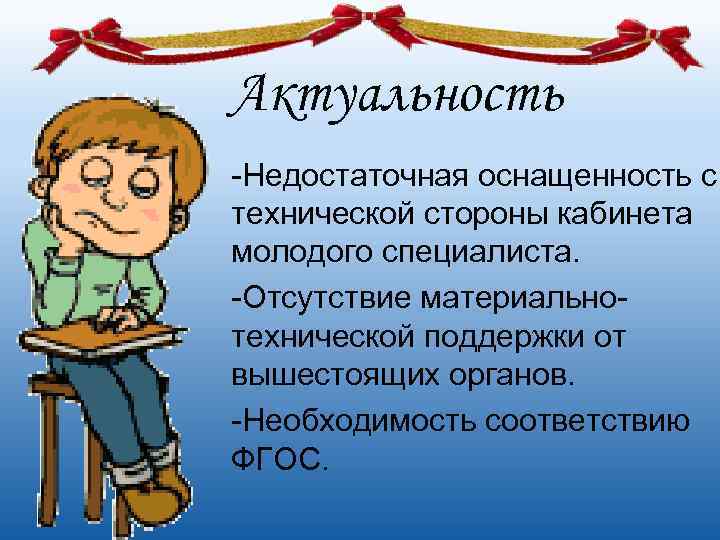 Актуальность -Недостаточная оснащенность с технической стороны кабинета молодого специалиста. -Отсутствие материально- технической поддержки от