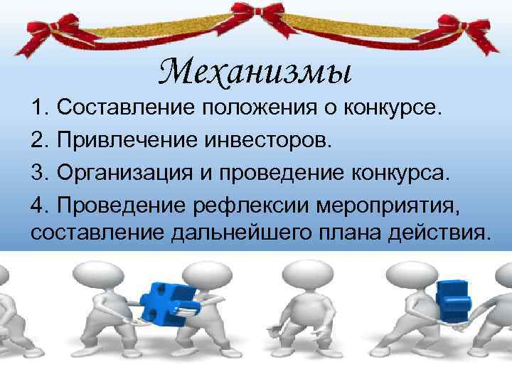    Механизмы 1. Составление положения о конкурсе. 2. Привлечение инвесторов. 3. Организация
