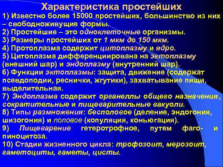 Характеристика простейших 1) Известно более 15000 простейших, большинство из них – Характеристика простейших 1) Известно более 15000 простейших, большинство из них –