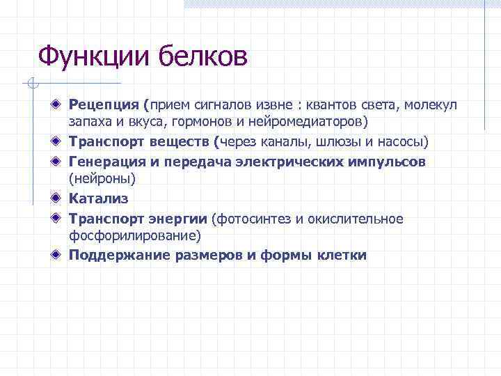 Функции белков  Рецепция (прием сигналов извне : квантов света, молекул  запаха и
