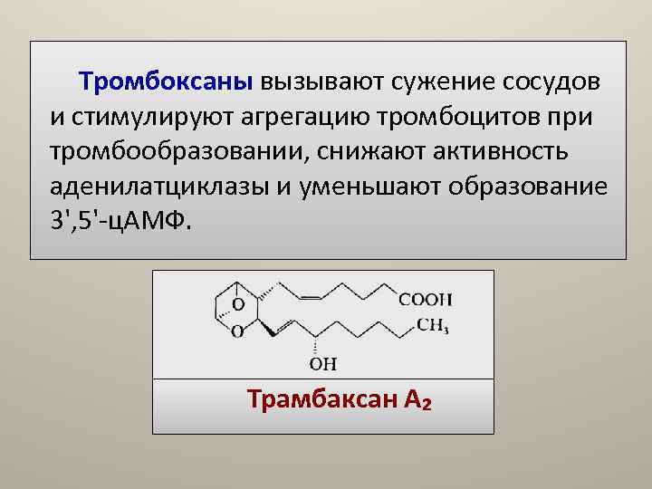 Тромбоксаны вызывают сужение сосудов и стимулируют агрегацию тромбоцитов при тромбообразовании, снижают активность Тромбоксаны вызывают сужение сосудов и стимулируют агрегацию тромбоцитов при тромбообразовании, снижают активность