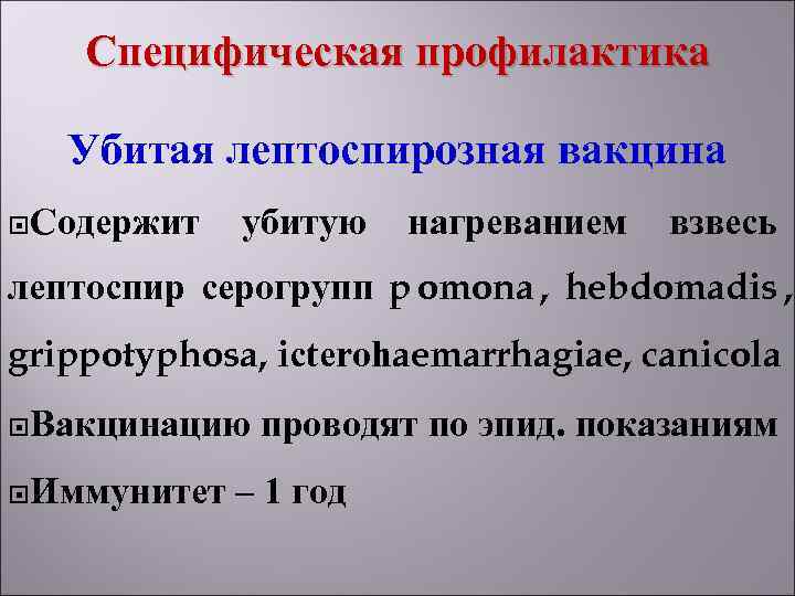   Специфическая профилактика Убитая лептоспирозная вакцина Содержит  убитую  нагреванием  взвесь