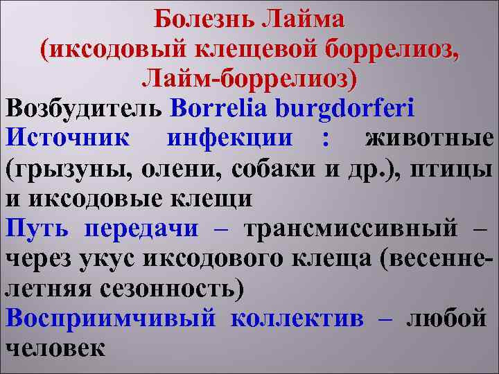   Болезнь Лайма  (иксодовый клещевой боррелиоз,   Лайм-боррелиоз) Возбудитель Borrelia burgdorferi