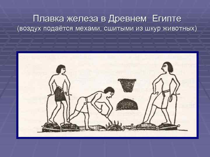   Плавка железа в Древнем Египте (воздух подаётся мехами, сшитыми из шкур животных)