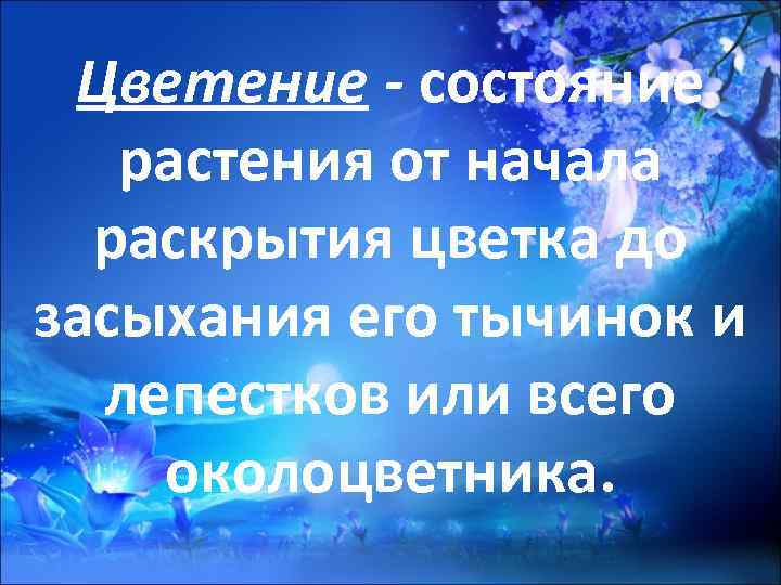 Цветение - состояние растения от начала раскрытия цветка до засыхания его Цветение - состояние растения от начала раскрытия цветка до засыхания его