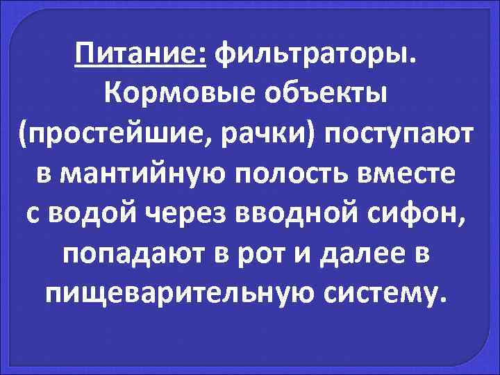  Питание: фильтраторы.  Кормовые объекты (простейшие, рачки) поступают  в мантийную полость вместе